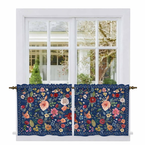 Navy Blue Flowers Tier Curtains, Spring Vintage Floral Leaves Farmhouse Light Filtering Kitchen Curtains, 2Pcs Rod Pocket Half Window Treatments Panels for Sink Cafe Cabinet Camper 27.5x24 Inches