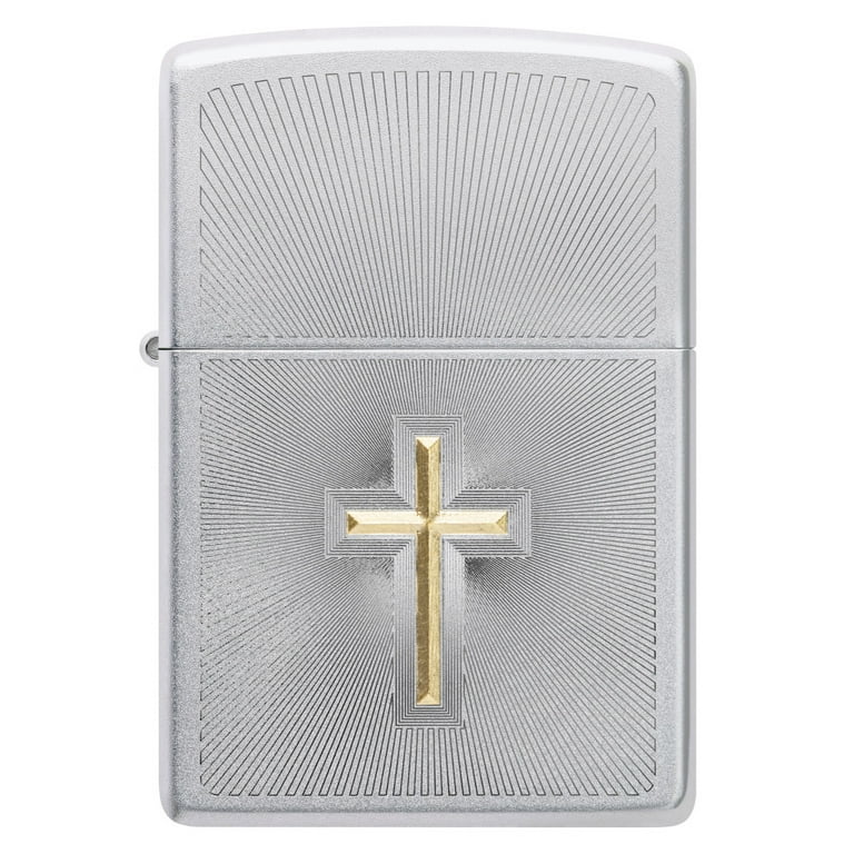 ZIPPOクロス超鏡面! Zippo Auto Two Tone Cross Design Satin Chrome Pocket Lighter