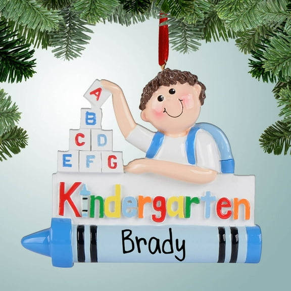 Personalized Kindergarten Boy Stacking Blocks - Brown Hair Christmas Ornament - 1st Day of School - Crayons - Great Gift Ideas