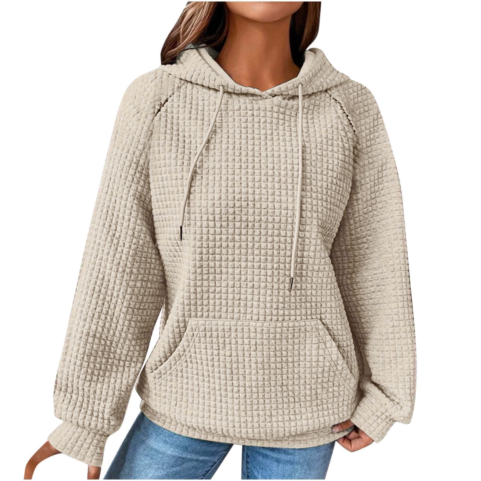 SZJXBUY Waffle Knit Hoodies For Women,Hoodies for Women Casual Pullover Waffle Long Sleeve Drawstring Hooded Sweatshirt with Pocket 2024 Beige,S