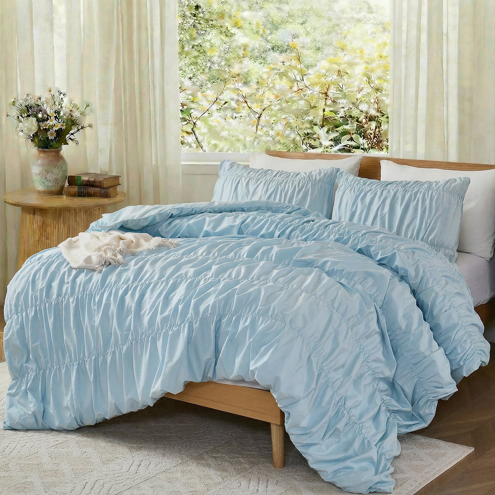 100% Cotton Blue Wrinkle Duvet Cover Set Queen Size,Ruched Bedding Comforter Cover,Shabby Chic Ruffled 3 Pcs Queen Duvet Cover Set,Bohemian Boho Bedding Set with Zipper 1 Duvet  Cover 2 Pillowcases