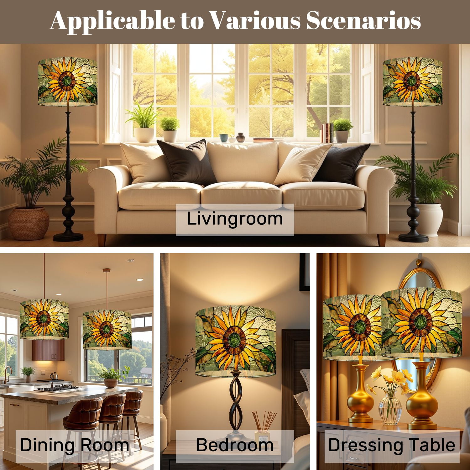 Lampshades 2 Pack Sunflower Stained Glass Decoration Vibrant Window Art 13"x13"x10" Light Shade for Table Lamps Floor Lamps Drum Lamp Shades Lampshade Replacement Easy Assembly