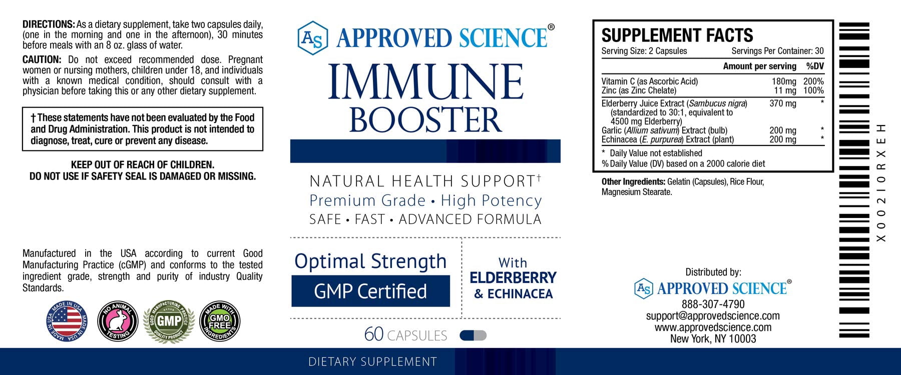 Approved Science Immune Booster - Extra Strength Support - Elderberry Extract, Echinacea, Vitamin D3 and C, Zinc - All Natural - 180 Capsules - 3 Months Supply