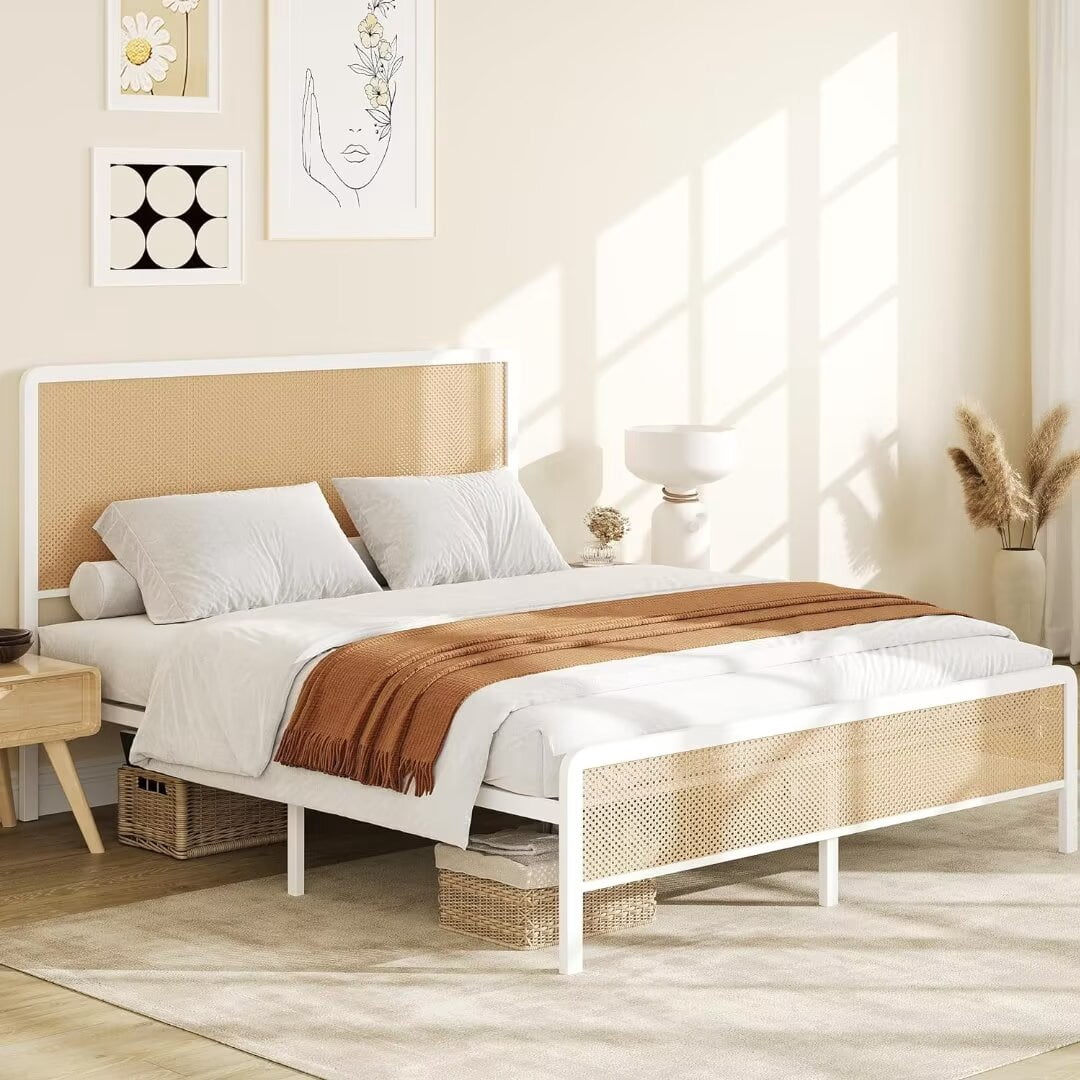 Queen Size Bed Frame with Rattan Headboard and Footboard, Modern Style Boho Bed Frames with Heavy Duty Sturdy Steel Slat Support, No Box Spring Needed
