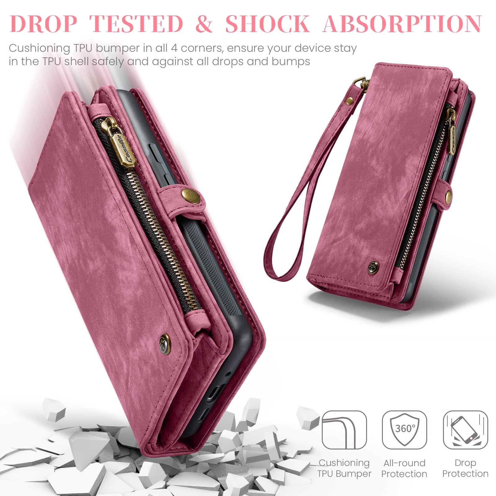 Feishell Durable 2- In-1 Magnetic Detachable Wallet Case for iPhone 16,for Women Men,Premium PU Leather Zipper Pocket Flip Multi Card Slots Purse Phone Case with Wrist Strap,Red