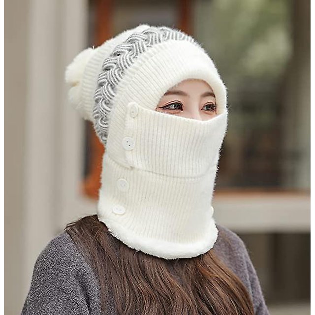 Gorro y bufanda Taian todo en uno para mujer, gorro de punto de oto?o e invierno, además de bufanda cálida de lana, gorro de lana blanco para mujer de invierno ShuxiuWang 8390605094316