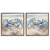 Stupell Industries Nautical Blue Crabs Beach Animals Painting Brown Floater Framed Canvas Art Print Wall Art, 25 x 25, Set of 2