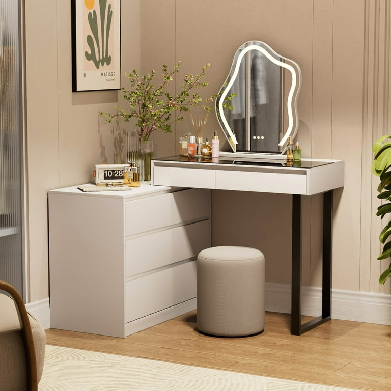BROTTAR Corner Makeup Vanity Desk with Mirror and Lights, 58