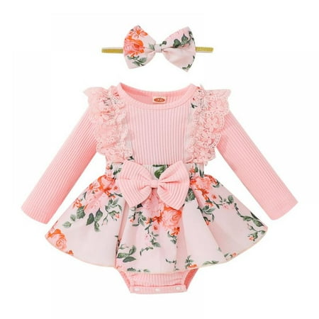 

Promotion!Baby Girl Floral Romper Newborn Dress Ruffle Onesie Suspender Shorts Jumpsuit Cute Summer Clothes and Headband