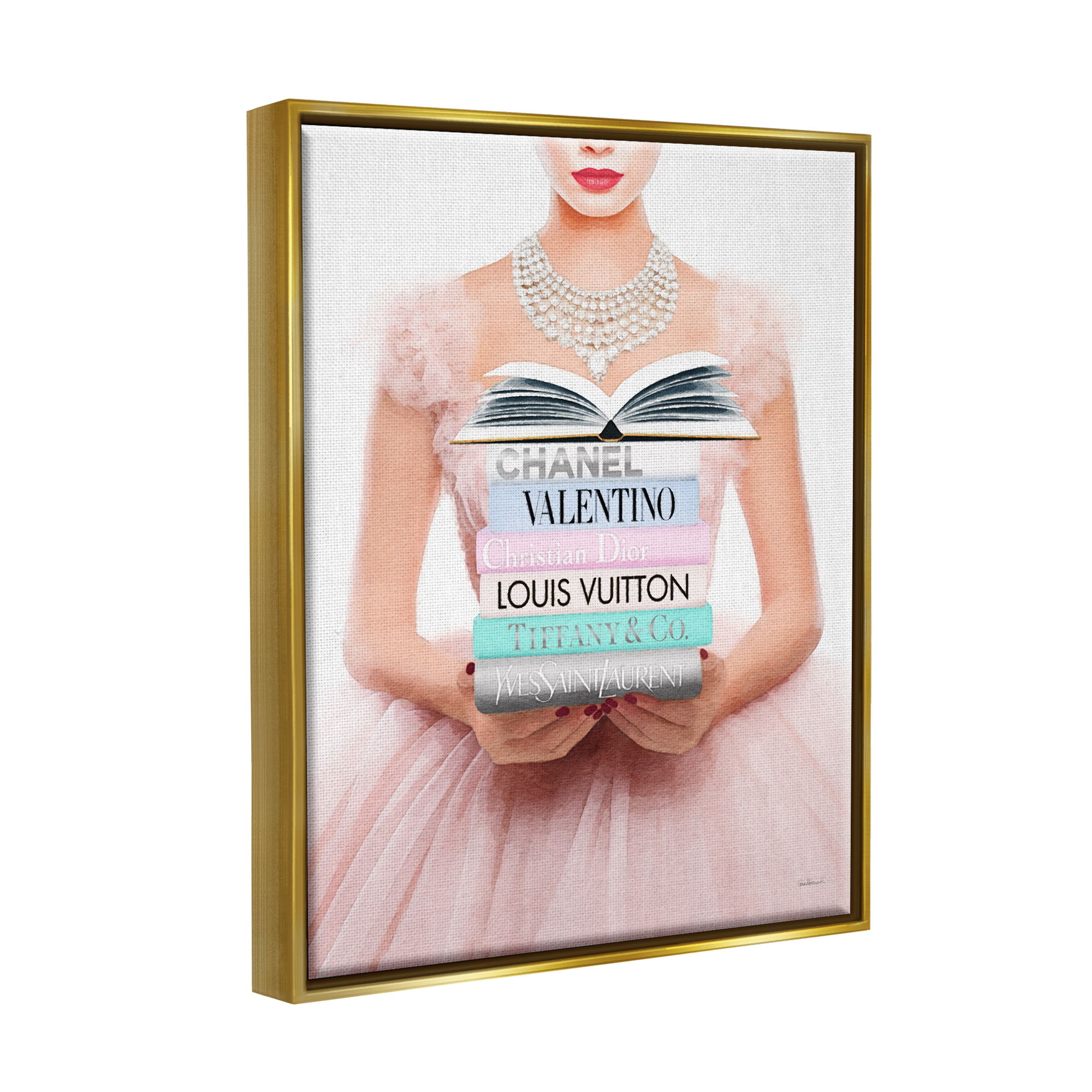 Stupell Industries Fashionista Girl & Books Beauty & Fashion Painting Gold Floater Framed Canvas Art Print Wall Art, 17 x 21