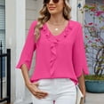 thumbnail image 3 of SWSMCLT Women's V Neck Top Ruffle Blouse Fall Fashion Chiffon Blouse Top Summer Casual 3/4 Sleeve Rose XX-Large, 3 of 5