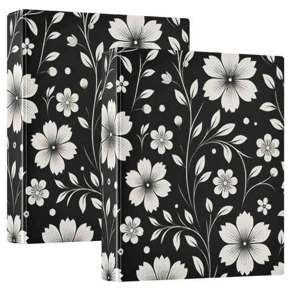Retro White and Black Flowers 3 Ring Binders 1.5 inch Hardcover File Folders with Interior Pockets A4 Size Organizer for School Office Hospital