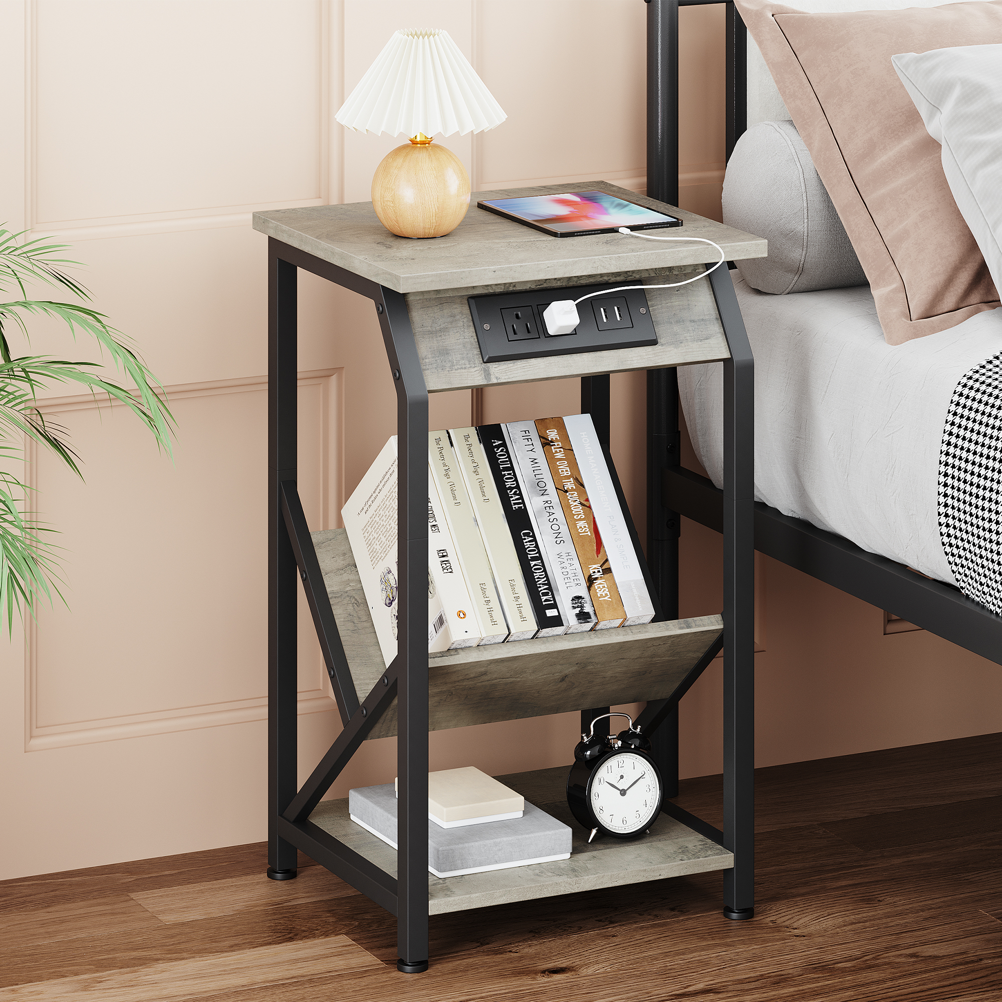 Narrow Nightstand,End Table With Charging Station,Side Table with 2 USB