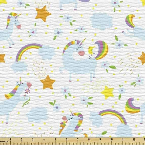 Unicorn Fabric by the Yard Upholstery, Fantasy Pattern with Unicorn Little Birds Stars and Flowers, Decorative Fabric for DIY and Home Accents, 1 Yard, Multicolor by Ambesonne