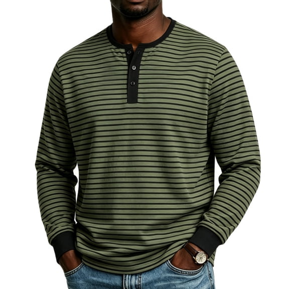Leidass Mens Long Sleeve Contrasting Colors Striped Henley T-Shirt 3 Button V Neck for Men Daily Leisure And Casual Wear Scenario Army Green L