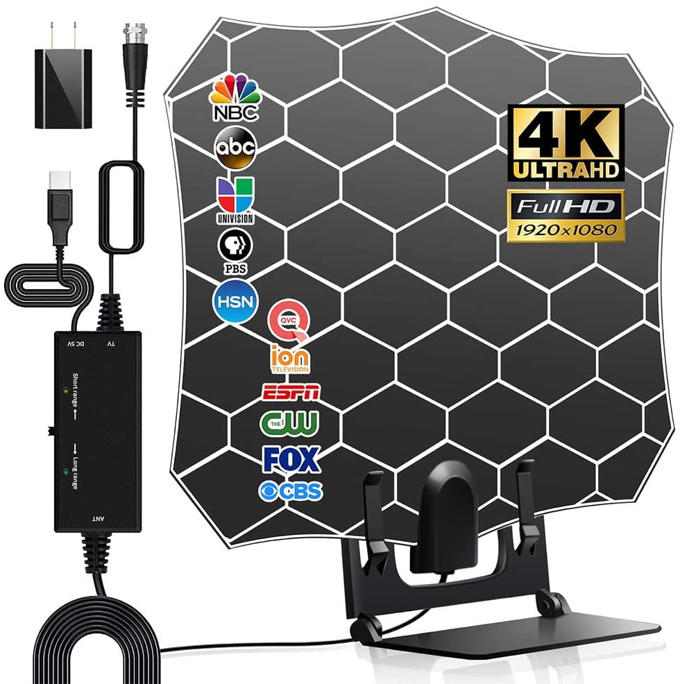 HD Digital TV Antenna Indoor with Amplifier Signal Booster AC Adapter and Stand Supporting 150 Miles Long Range 4K 1080p & All Older TVs Indoor HDTV Television with 12ft Coax Cable 