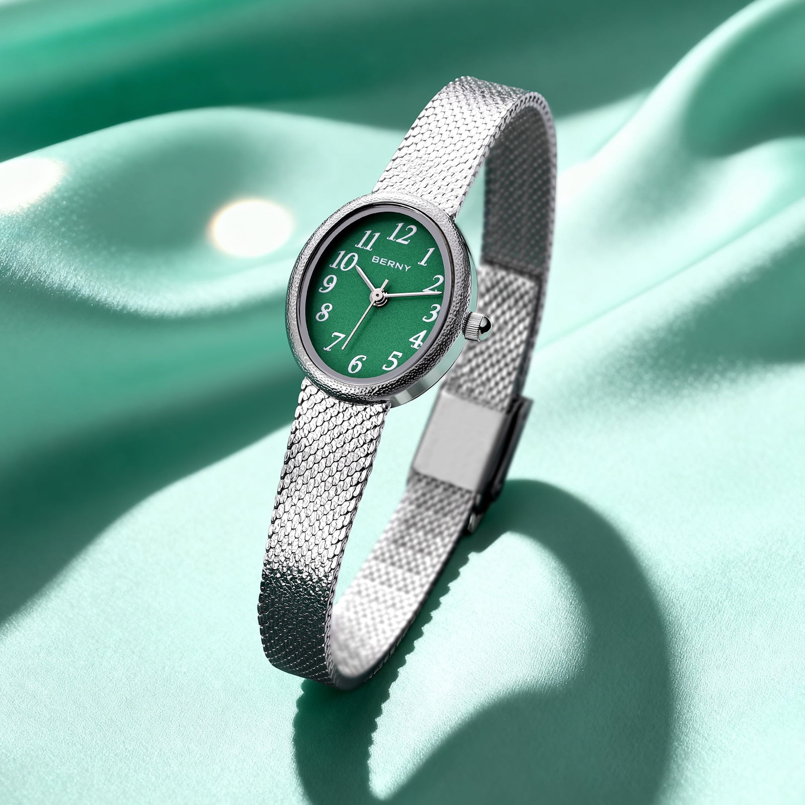 BERNY Small Silver Watches for Women, Dainty Easy to Read Oval Dial, Vintage Stainless Steel Bracelet Watch, Adjustable Mesh Band, Waterproof, Luxury Ladies Analog Quartz Wrist Watch Gifts (Green)