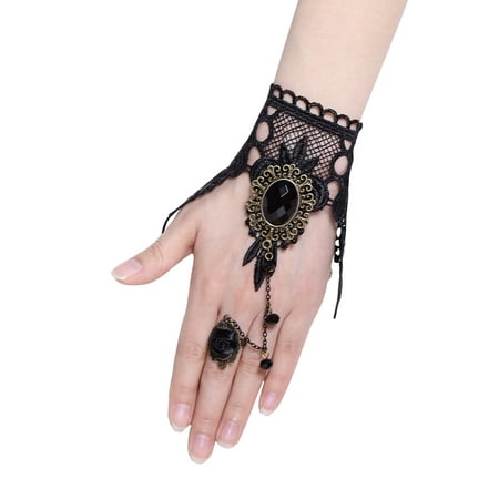 Pewter Slave Bracelet - Unique Bargains Crocheted Lace Rhinestone Flower Slave Finger Ring Hand Chain Bracelet Women Lady Black