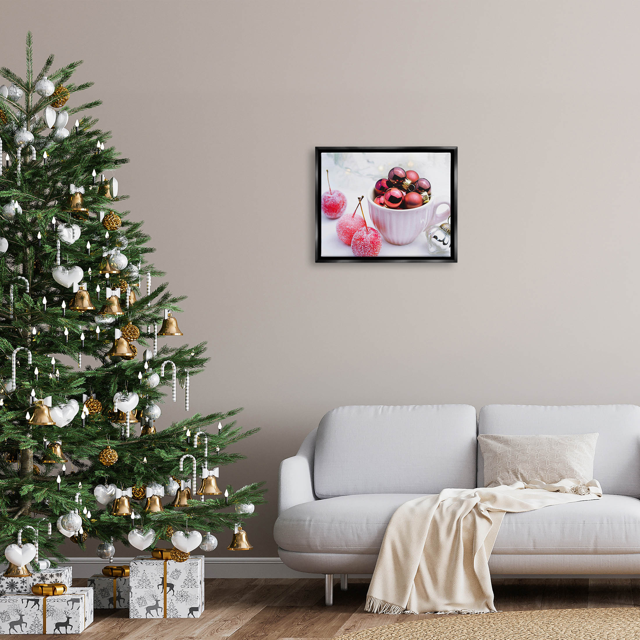 Gleaming Red Christmas Ornaments Holiday Photograph Jet Black Framed Art Print Wall Art