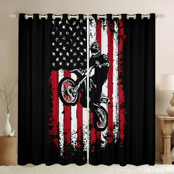 Manfei Teen Boys Dirt Bike Black Out Curtains, Grunge USA Flag Curtains Pack of 2 (42x63 Each), Extreme Sport Bedroom Curtains, Luxury Bedroom Decor