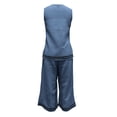 thumbnail image 4 of Womens Casual Two Piece Outfit Round Neck Sleeveless Top Elastic Waist Culotte Pants with Pockets Cotton Blend Vacation Set Blue XL(XL), 4 of 5