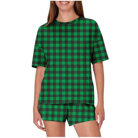 YUTK Elegant Lace Pajama Set Sale Women's Casual Loose Printing Round Neck Short Sleeved Shorts Pajamas Suit Green L