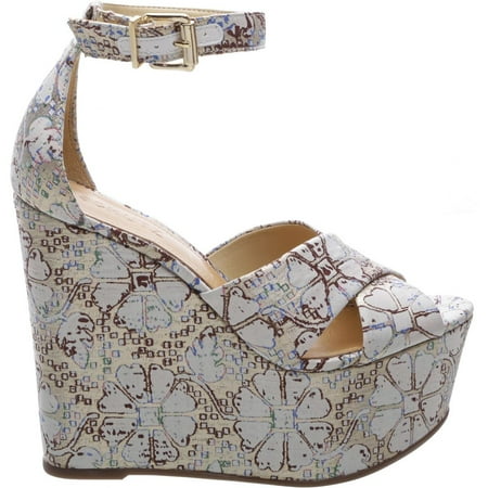 Designer Platform - Schutz Serennas White Multi Super High Platform Wedge Retro Designer Sandals
