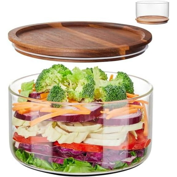 Large Salad Bowl with Lid, 106 oz Glass Salad Bowl with Acacia Wood Lid, Versatile Glass Trifle and Fruit Bowl, Large Mixing Bowl for Salads, Dessert, Fruit, Chips, Pasta, Dishwasher Safe