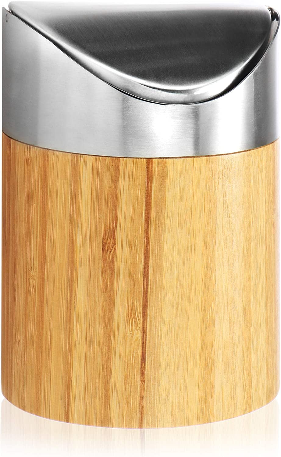Trash Can with Swivel Lid Bamboo Table Top Trash Can with Stainless Steel Lid Compact Vanity