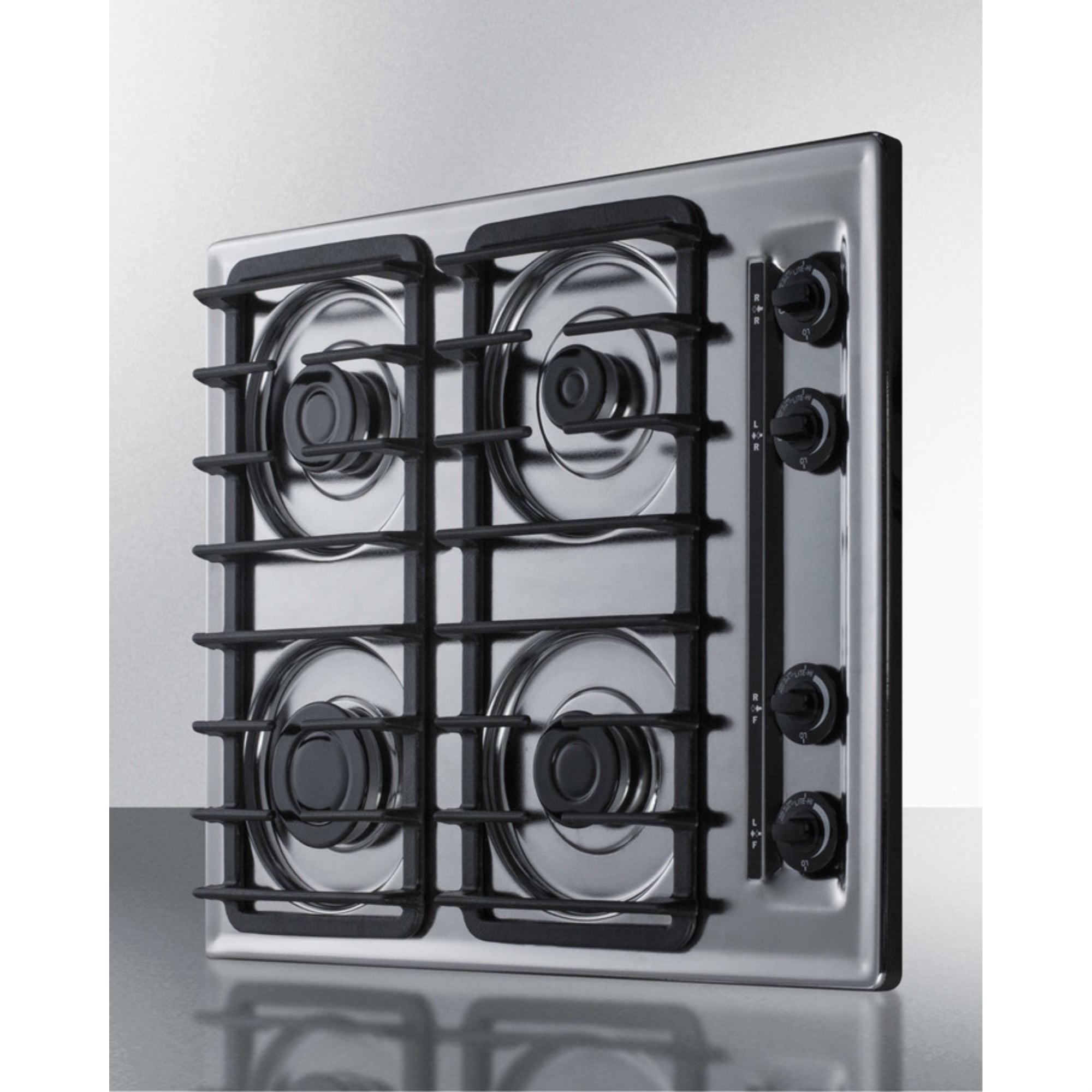 24" wide gas cooktop with four sealed burners, chrome surface, and cast iron grates; made in the USA
