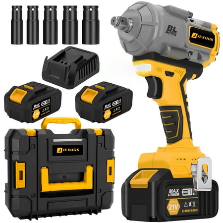 

JEXUGK 1000N.m(740ft-lbs) 21V Cordless Impact Wrench 1/2 inch High Torque Impact Gun with 2 x 4.0Ah Batteries & 5 Sockets Electric Impact Variable Speeds for Car Truck Mower