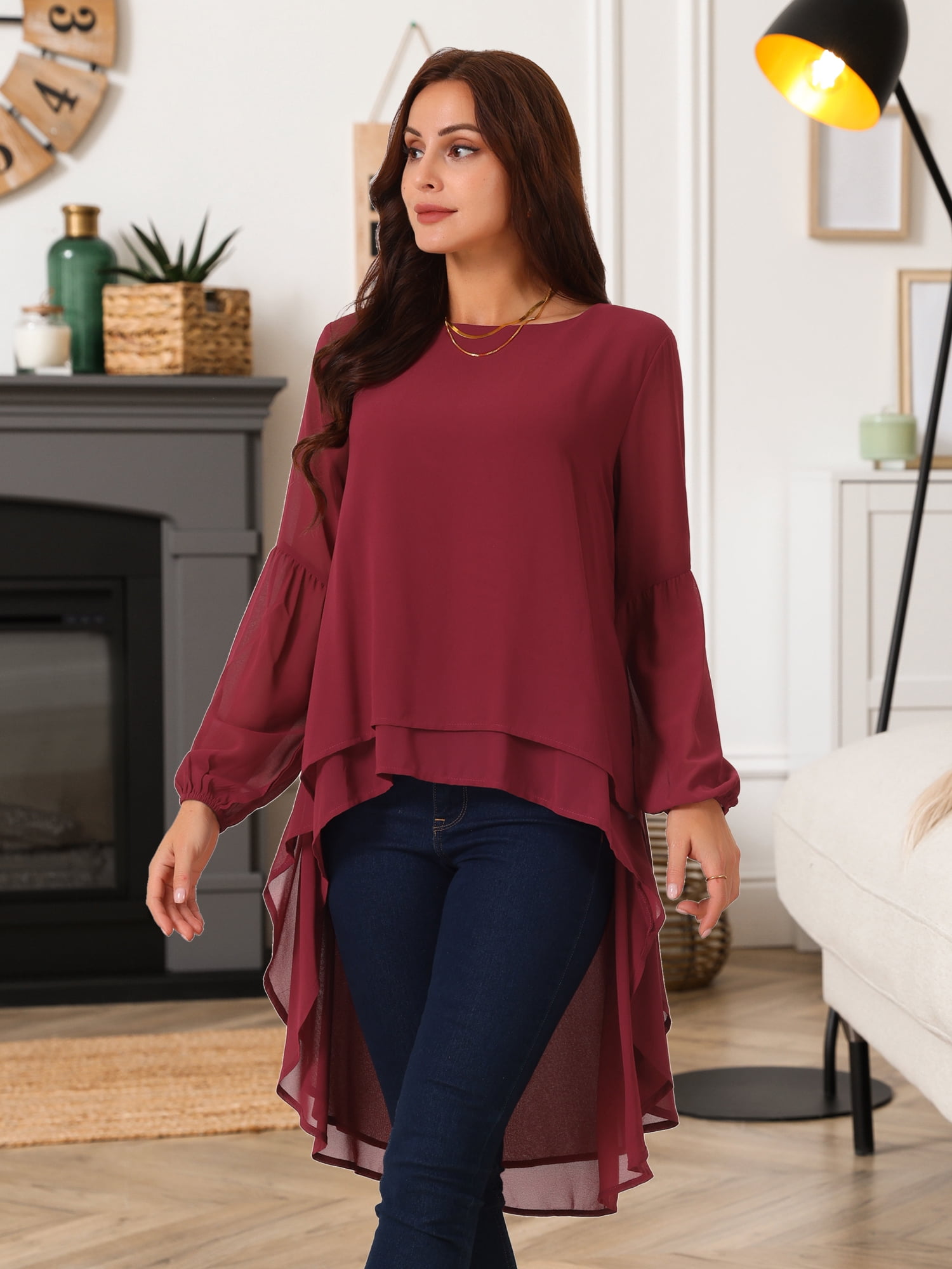 DARING DIVA Women's Lantern High Low Asymmetrical Irregular Hem Blouse Tops XL Dark Red