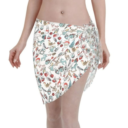 Qekee Christmas Elements Women s Short Sarongs Cover Ups Sheer Bikini Wraps for Swimwear