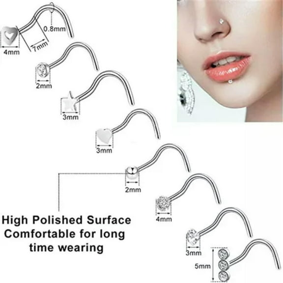 VIVIDELLE 5-40pcs 20G Screw Nose Stud Rings Stainless Steel Nose Lip Ear Piercing Jewelry-screw shape-8pcs