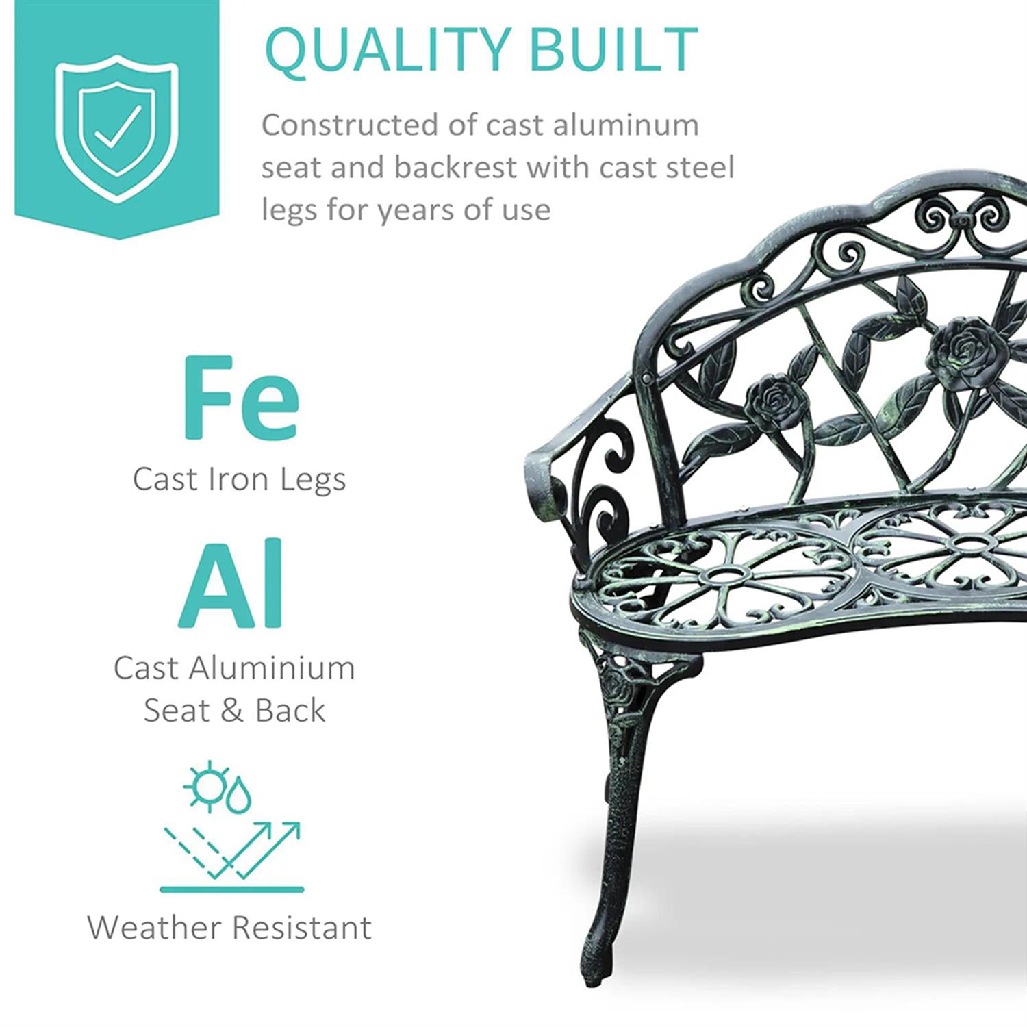 Demi Bonn Patio Garden Bench Metal Park Bench Cast Aluminum Outdoor Benches Furniture with Floral Rose & Antique Finish for Patio, Park, Lawn, Yard, Green