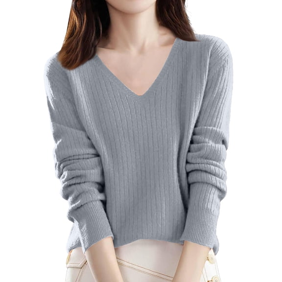 Sweaters for Women V Neck Casual Knit Long Sleeve Tops Lightweight Pullover Clothes Fall Fashion Outfits 2026 Dark Gray L