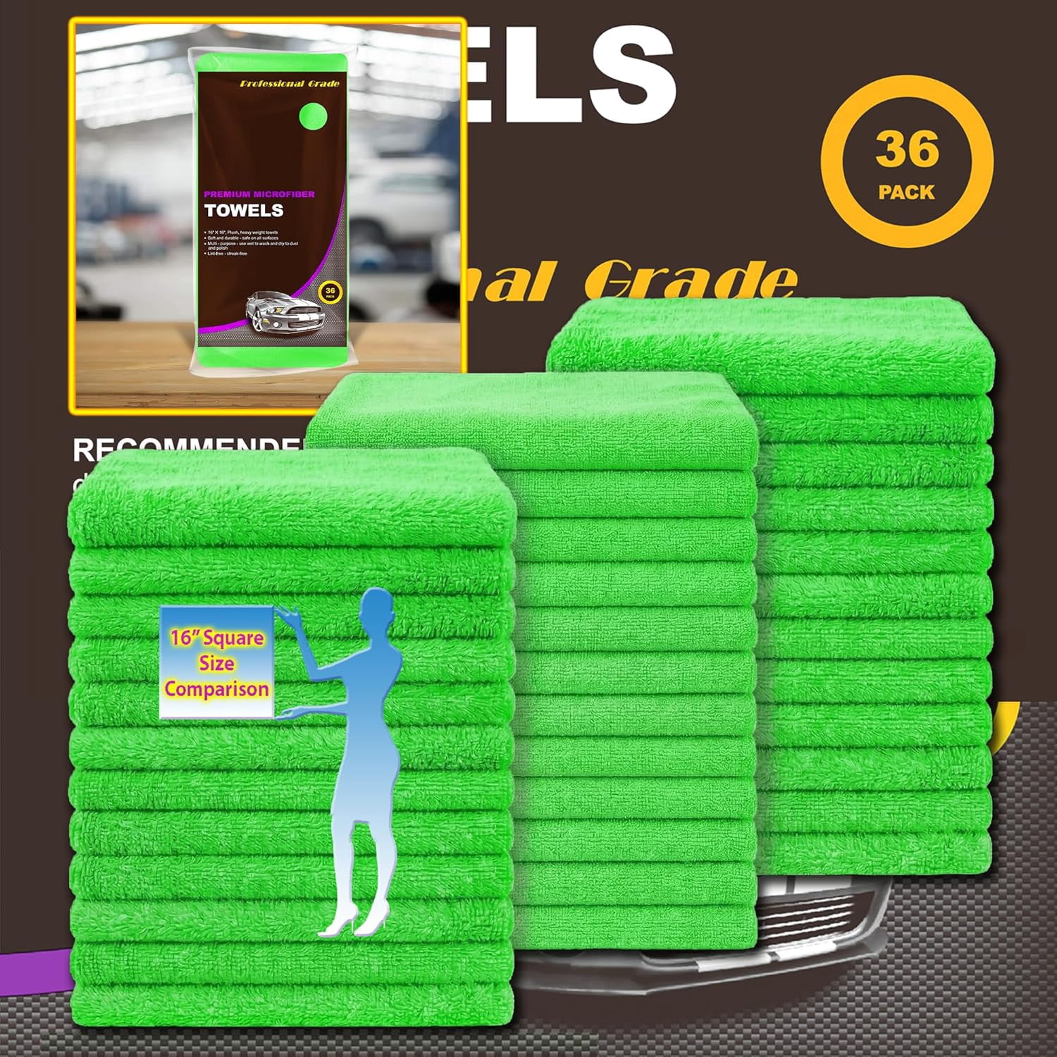 Green Microfiber Cleaning Towels, 36-Pack Dual-Sided Ultra Soft Plush Washcloth, Professional Grade Premium Microfiber Detailing Cleaning Cloths, Car, Household and Commercial (Green, 16" X 16")