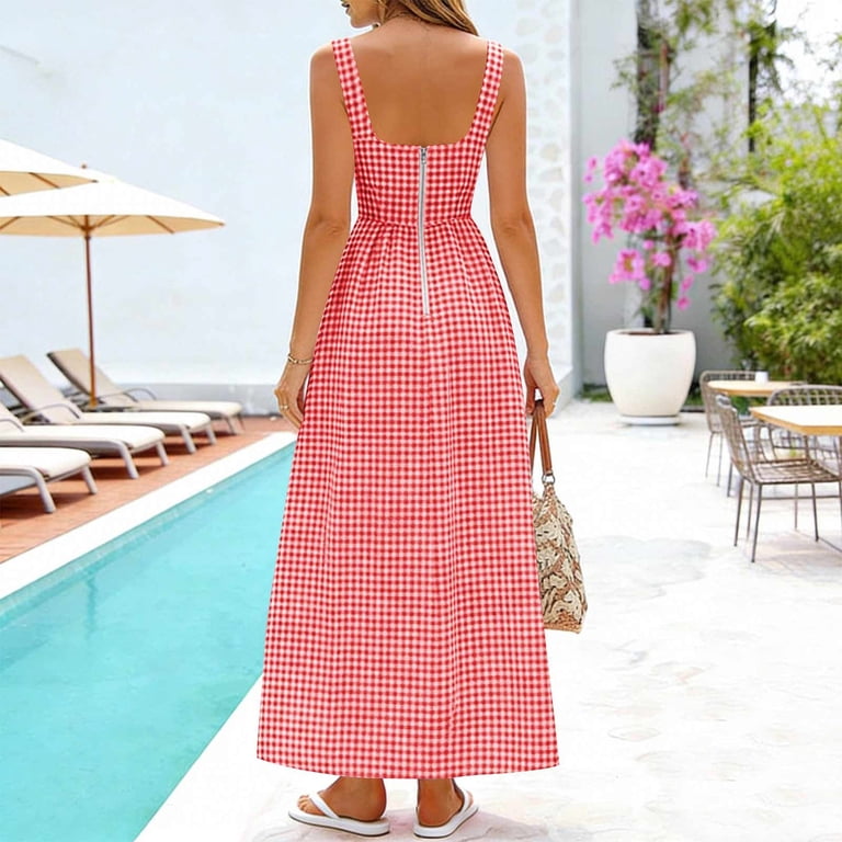 fitted checkered dress Efsteb Women's Square Neck Maxi Dress Smocked Waist Sleeveless Summer Beach Casual Fitted Plaid Checkered Long Dress (Red,S), Size: Small, Green