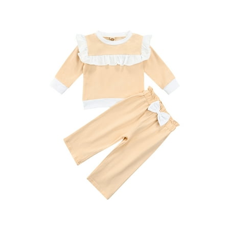 

Calsunbaby 2Pcs Baby Girl Tops Pants Suit Long Sleeve Ruffle Round Neck Pullover High Waist Bowknot Trousers Casual Wear