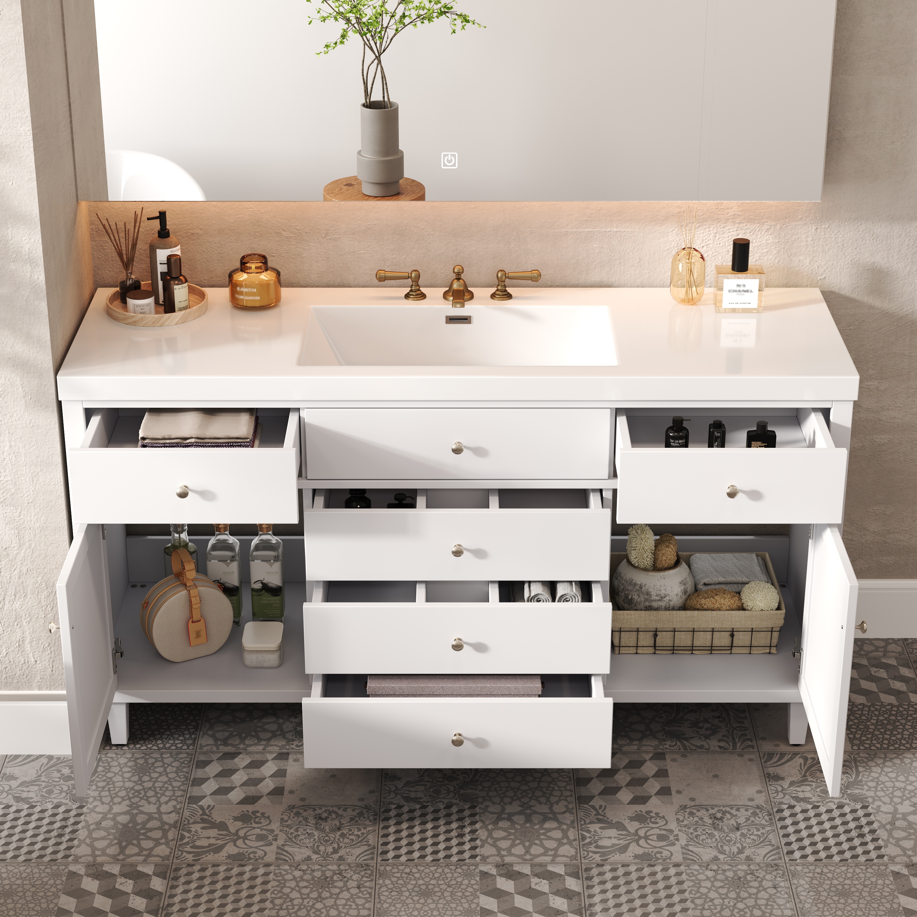 Euroco 60" Bathroom Vanity with SMC Sink, Modern Large Storage Bathroom Storage Cabinet with Soft Close Drawers and Rattan Doors, Silver Metal Knobs and 5 Pine Legs, White