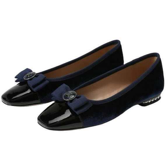 Sam Edelman Maren Como Blue/Black Slip On Squared Toe Bow Detailed Ballet Flats (Como Blue/Black, 5)