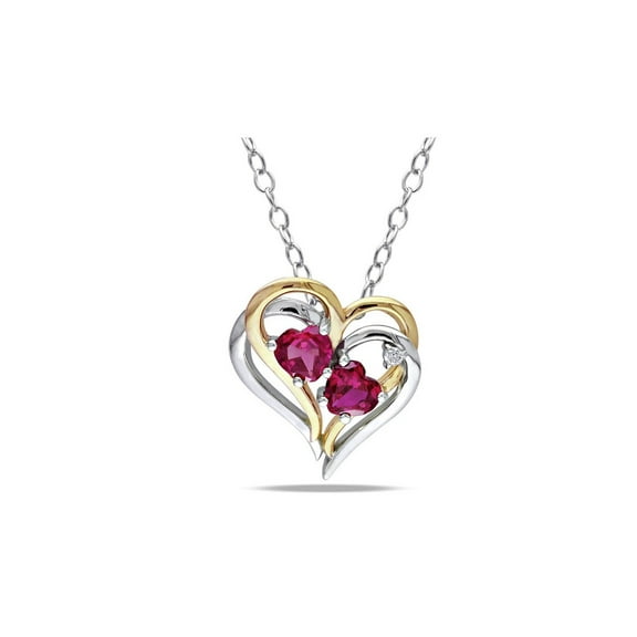1.20 Carat (Ctw) Lab-Created Ruby Heart Pendant Necklace with Diamonds in Yellow Plated Sterling Silver with chain for Women