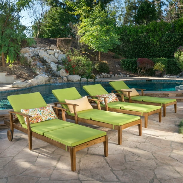 Mavis Outdoor Chaise Lounge With Cushion, Set of 4, Teak Finish, Green ...