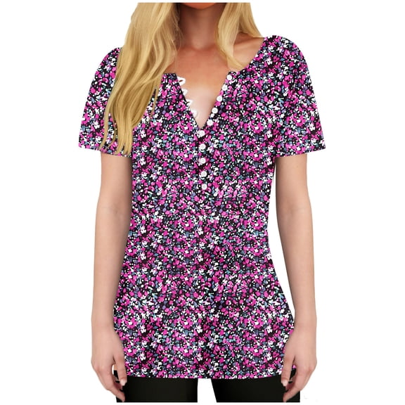 Tnhcen Women's Summer Floral Print V-Neck Button-Up Shirts - Short Sleeve Casual Daily Tops | Plus Size Friendly S-3XL | Versatile Floral Tops for Women