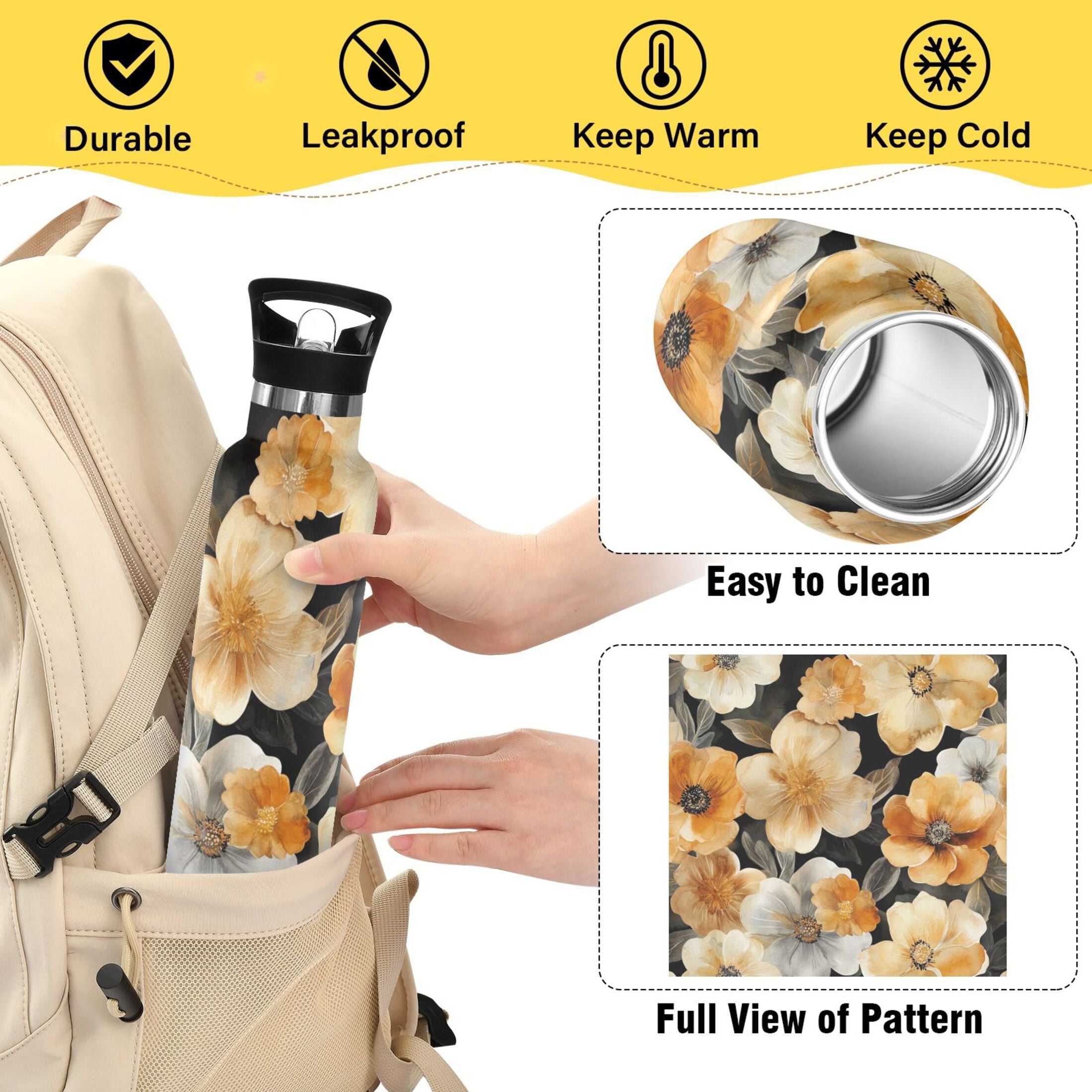 600ML Stainless Steel Insulated Cup Sports Water Bottle Portable Thermos Cup Water Glasses Insulated Tumblers Convenient and Durable Cartoon Gold Flowers Seamless