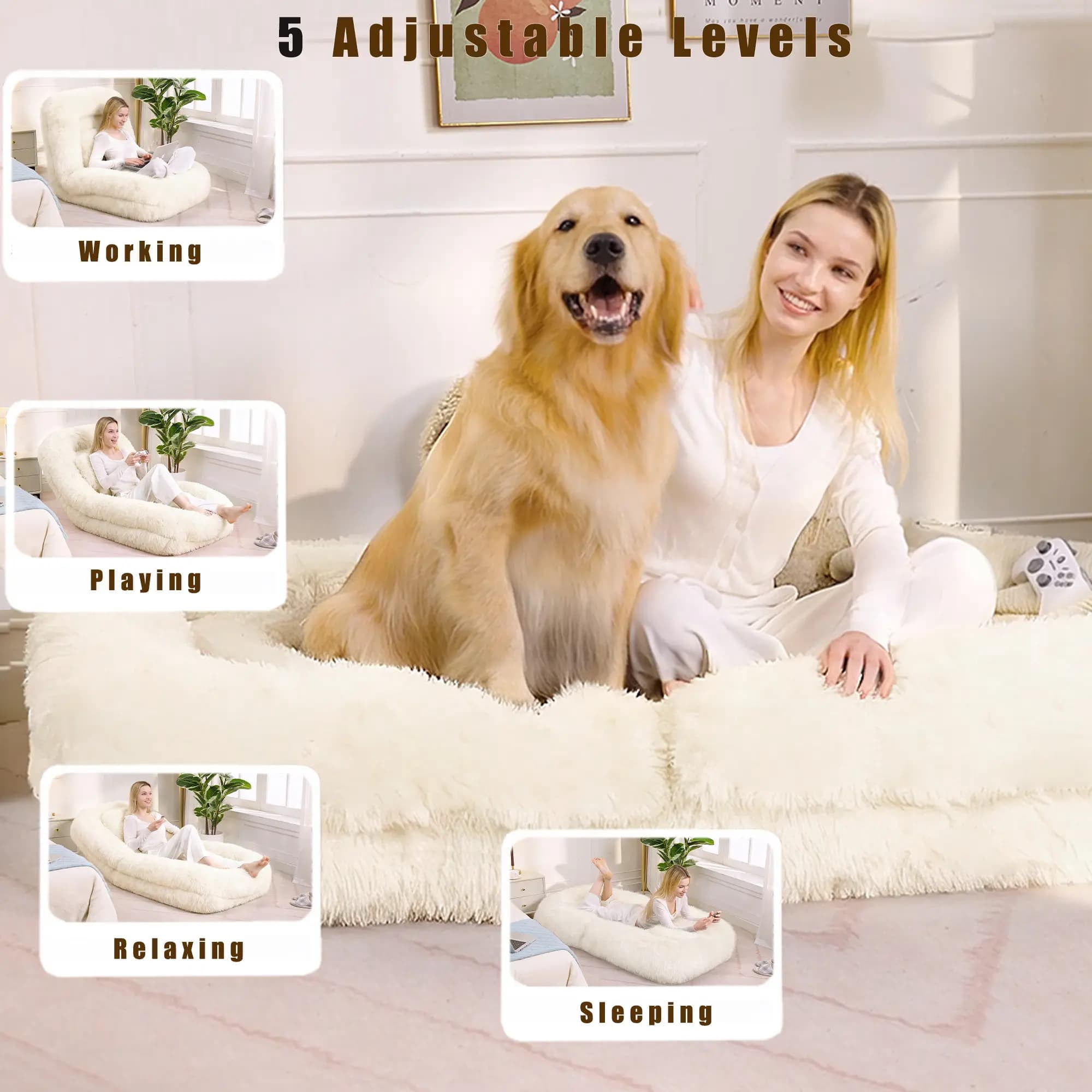 Aukfa Fold Lazy Sofa Bed, Floor Chair Small Couch with 5 Adjustable for Living Room, Plush Fabric,Beige