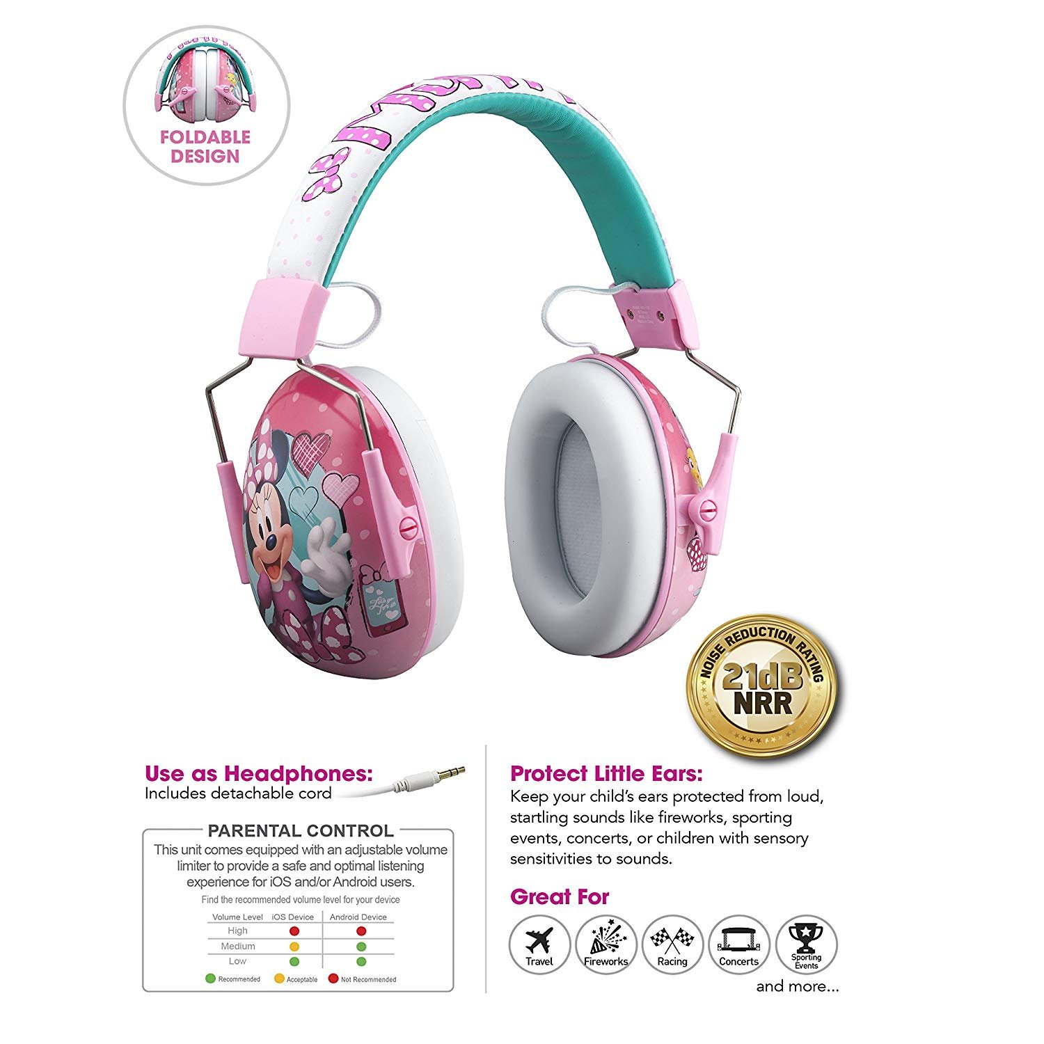 Minnie Mouse Kids Ear Protectors Earmuffs and Headphones 2 in 1 Noise