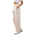 thumbnail image 4 of Qulqfy Linen Pants for Women Wide Leg Baggy Casual Petite High Waisted Button Beige Jogger Sweatpant L, 4 of 7