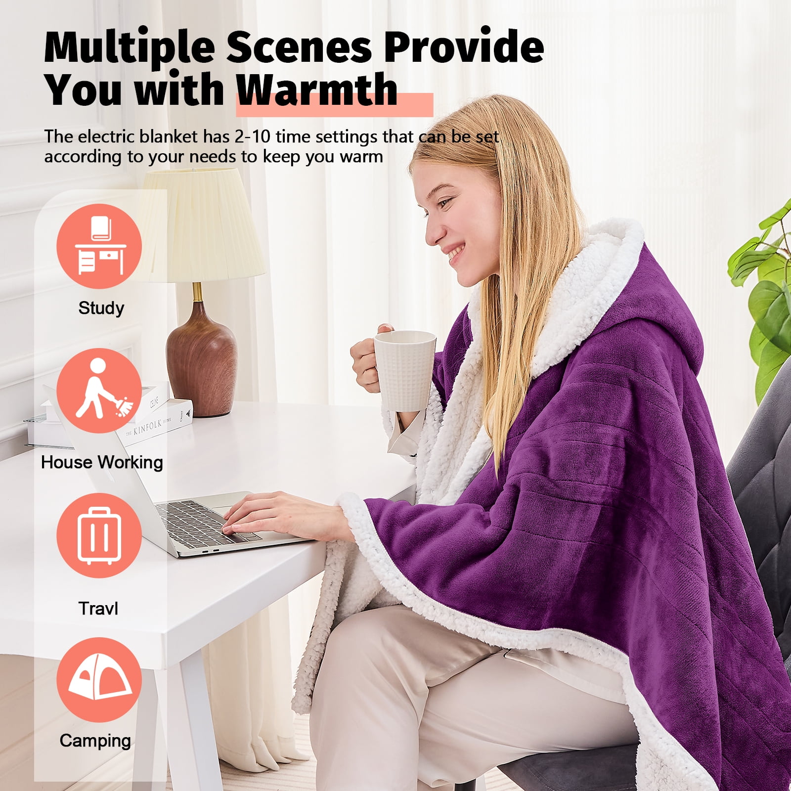 PMONPA Wearable Heated Throw Blanket for Adult, Electric Heated Wrap Poncho Shawl with Pockets, 6 Heating Levels & 2 to 10 Hours Time Settings, 51" x 61", Purple