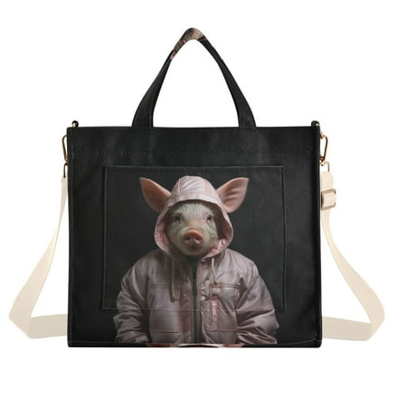 Pig Hoodie Corduroy Tote Bag Handbag Large Messenger Bag Shoulder Crossbody Zipper Bag Purse